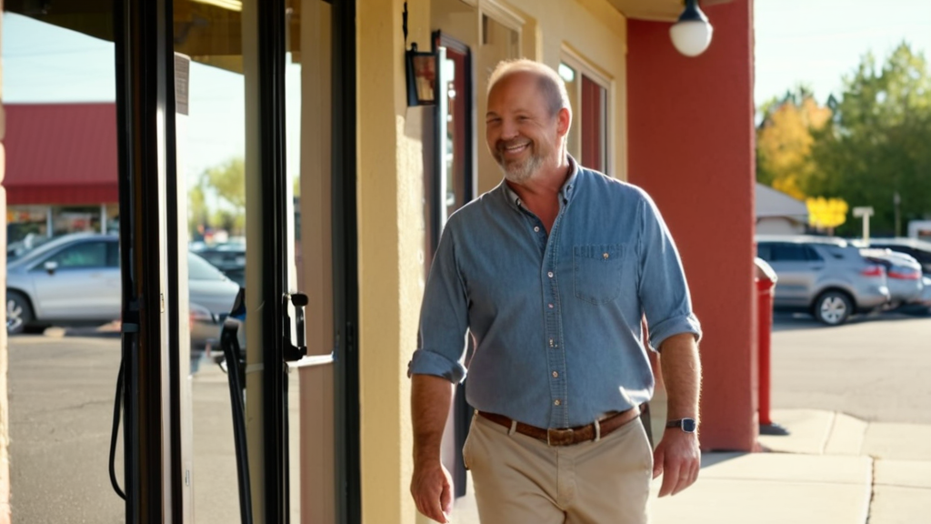 Small business owner leaving his storefront mid-afternoon with a smile - automation keeps everything running without him
