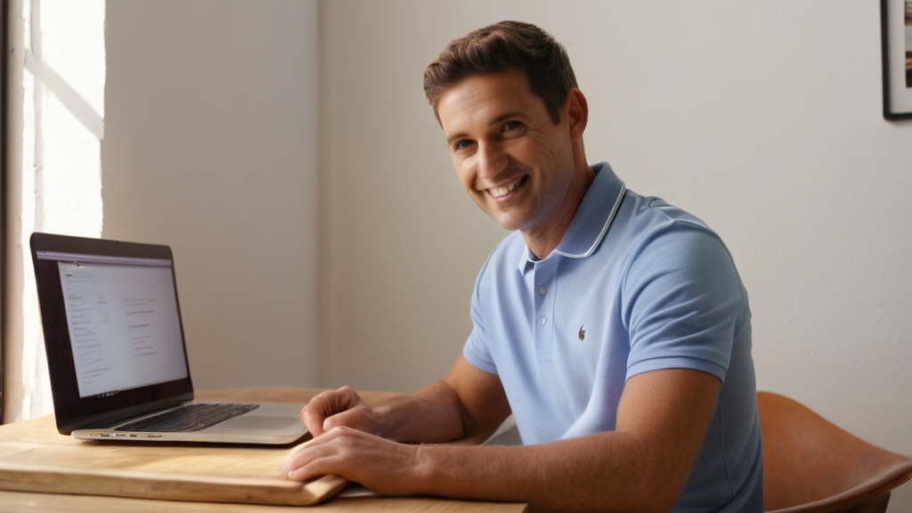 Small business owner relaxed at a simple desk with laptop, smiling because custom software handles the day-to-day operations